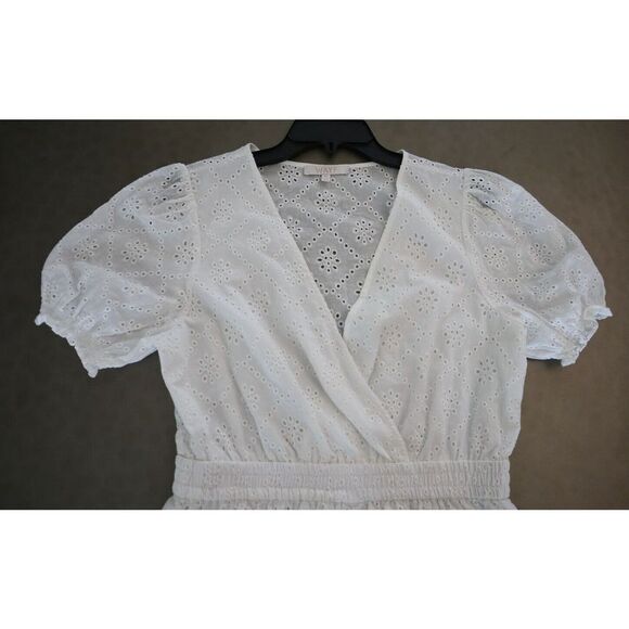 WAYF Women's Sz M White Reese Smocked Waist Tiered Eyelet Cotton Mini Dress - Picture 6 of 15